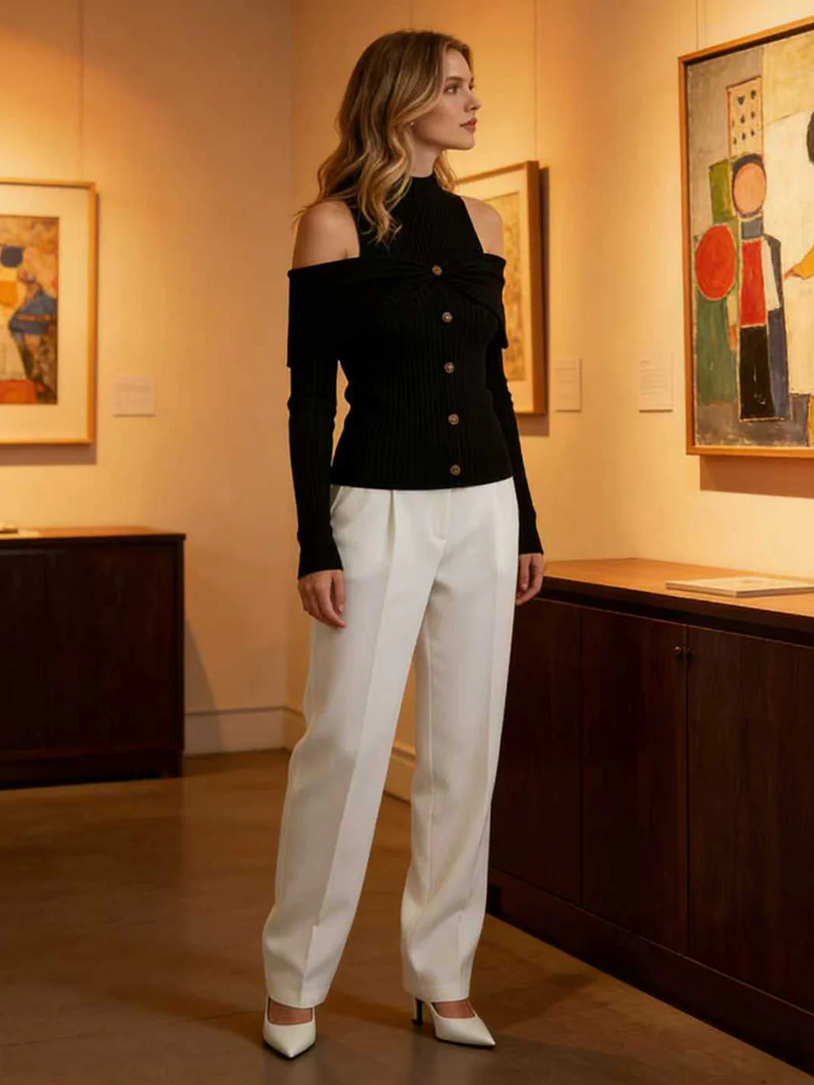 Long Sleeves Skinny Buttoned Pleated Ribbed Knit Cold Shoulder Knit Top - Image 3