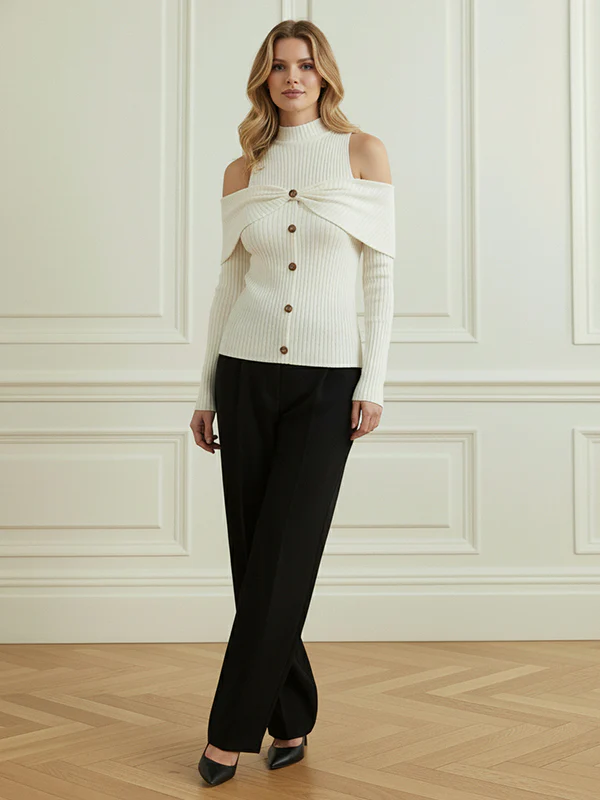 Long Sleeves Skinny Buttoned Pleated Ribbed Knit Cold Shoulder Knit Top - Image 5