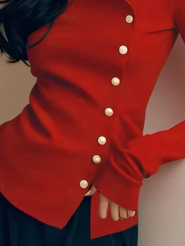Long Sleeves Skinny Buttoned Pleated Solid Color T-Shirts Tops - Image 2