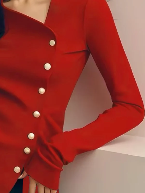 Long Sleeves Skinny Buttoned Pleated Solid Color T-Shirts Tops - Image 3