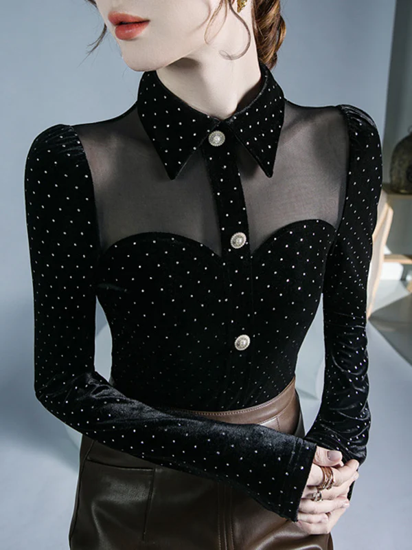 Long Sleeves Skinny Buttoned Polka Dot Split-Joint Lapel T-Shirts Tops - Image 2
