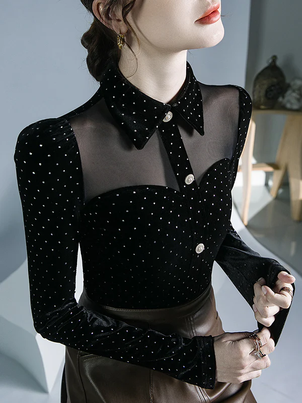 Long Sleeves Skinny Buttoned Polka Dot Split-Joint Lapel T-Shirts Tops - Image 3
