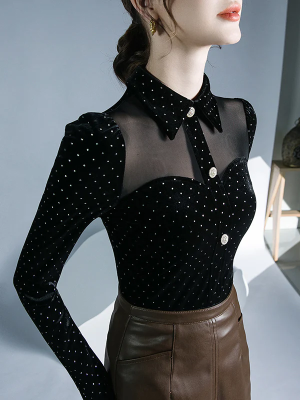 Long Sleeves Skinny Buttoned Polka Dot Split-Joint Lapel T-Shirts Tops - Image 4