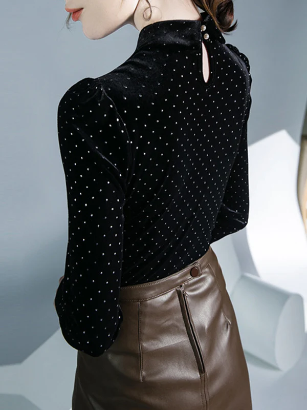 Long Sleeves Skinny Buttoned Polka Dot Split-Joint Lapel T-Shirts Tops - Image 5