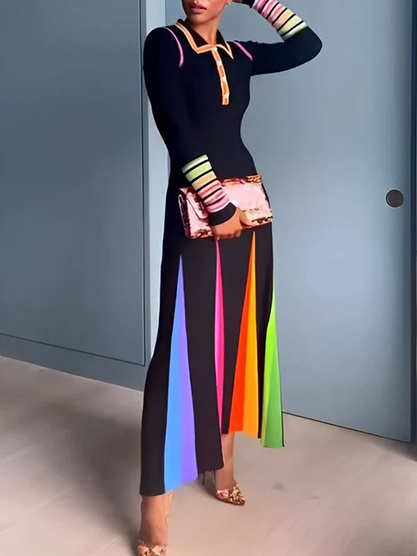 Long Sleeves Skinny Buttoned Printed Lapel Maxi Dresses - Image 2