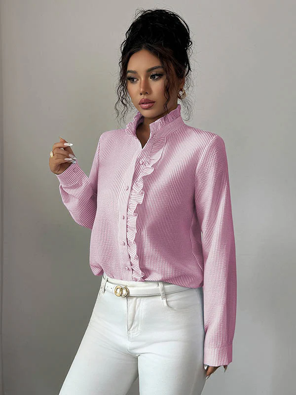 Long Sleeves Skinny Buttoned Ruffled Split-Joint Striped Stand Collar Blouses&Shirts Tops - Image 10
