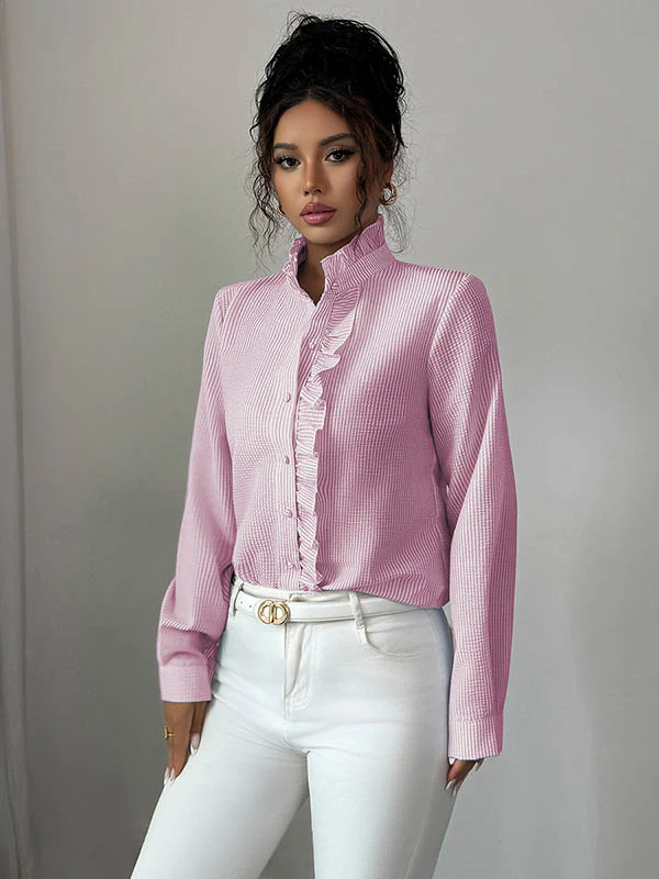 Long Sleeves Skinny Buttoned Ruffled Split-Joint Striped Stand Collar Blouses&Shirts Tops - Image 11