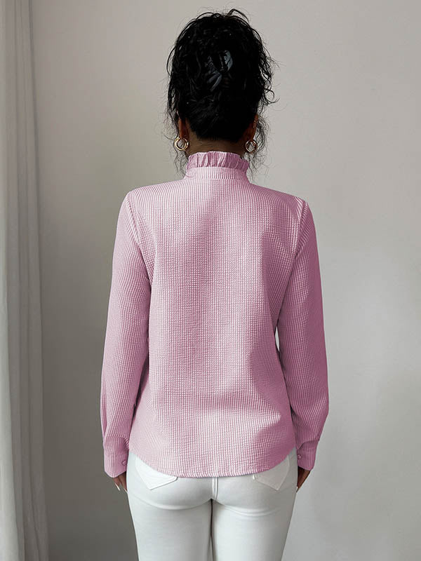 Long Sleeves Skinny Buttoned Ruffled Split-Joint Striped Stand Collar Blouses&Shirts Tops - Image 12