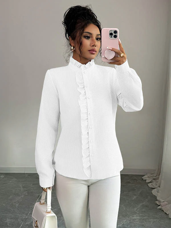Long Sleeves Skinny Buttoned Ruffled Split-Joint Striped Stand Collar Blouses&Shirts Tops - Image 13
