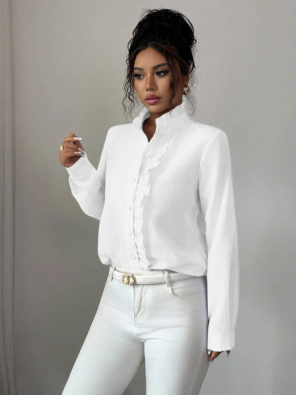 Long Sleeves Skinny Buttoned Ruffled Split-Joint Striped Stand Collar Blouses&Shirts Tops - Image 14