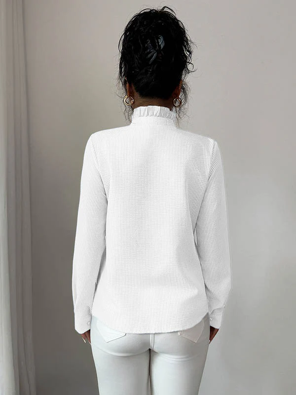 Long Sleeves Skinny Buttoned Ruffled Split-Joint Striped Stand Collar Blouses&Shirts Tops - Image 15