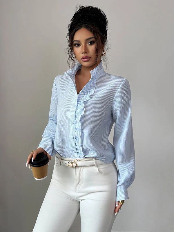 Long Sleeves Skinny Buttoned Ruffled Split-Joint Striped Stand Collar Blouses&Shirts Tops - Image 16