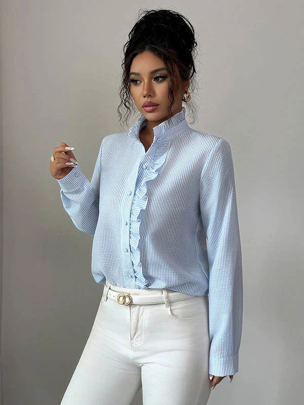 Long Sleeves Skinny Buttoned Ruffled Split-Joint Striped Stand Collar Blouses&Shirts Tops - Image 17