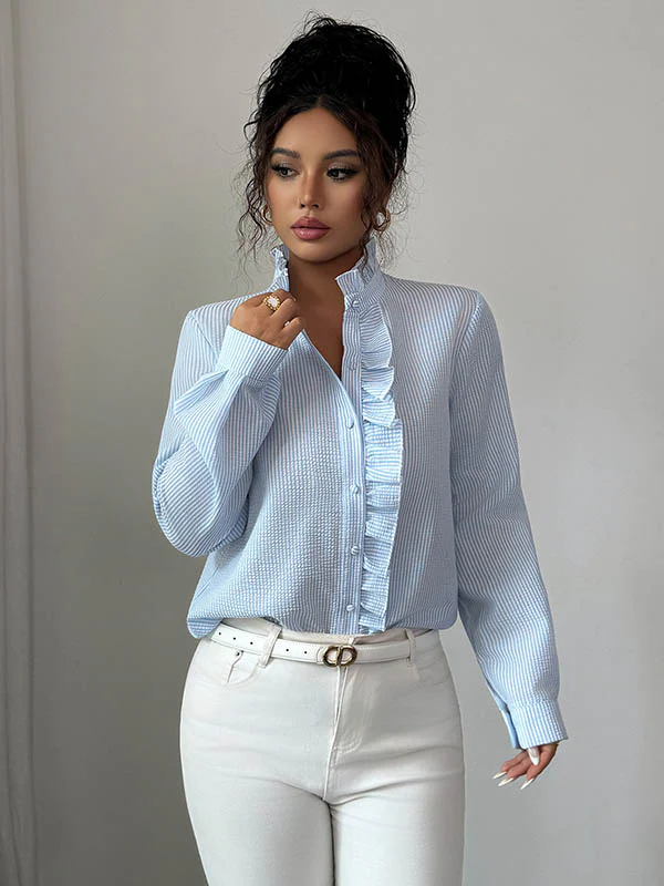 Long Sleeves Skinny Buttoned Ruffled Split-Joint Striped Stand Collar Blouses&Shirts Tops - Image 18