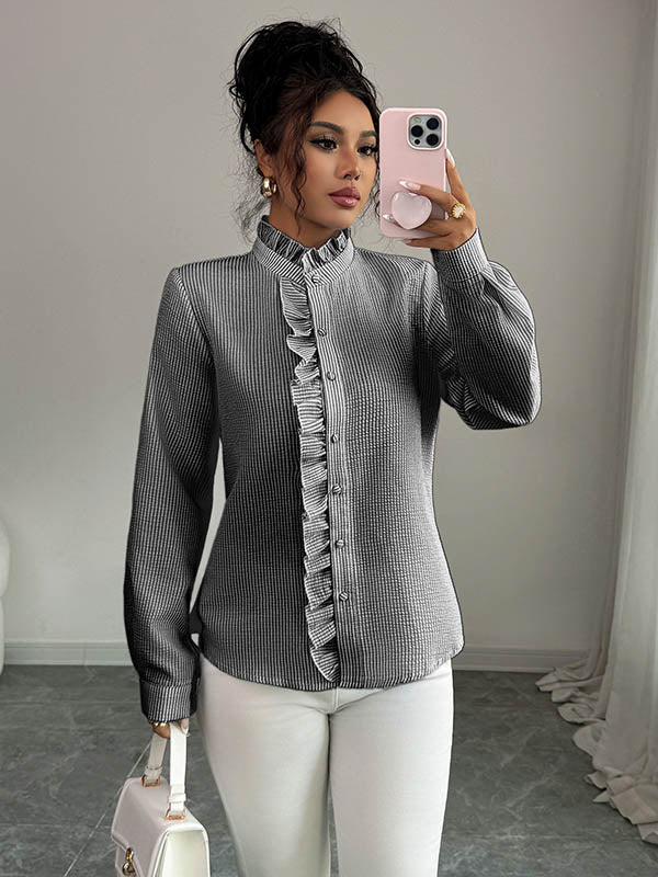 Long Sleeves Skinny Buttoned Ruffled Split-Joint Striped Stand Collar Blouses&Shirts Tops - Image 2