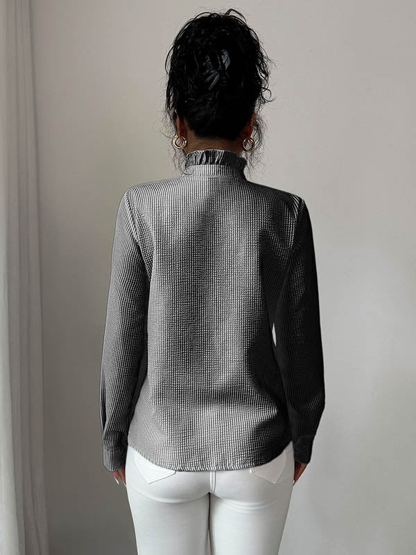 Long Sleeves Skinny Buttoned Ruffled Split-Joint Striped Stand Collar Blouses&Shirts Tops - Image 4