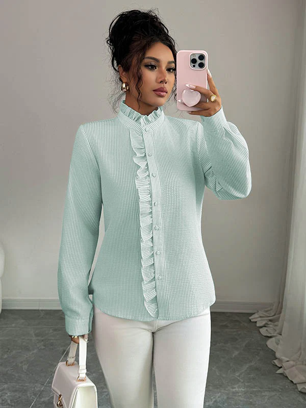 Long Sleeves Skinny Buttoned Ruffled Split-Joint Striped Stand Collar Blouses&Shirts Tops - Image 5