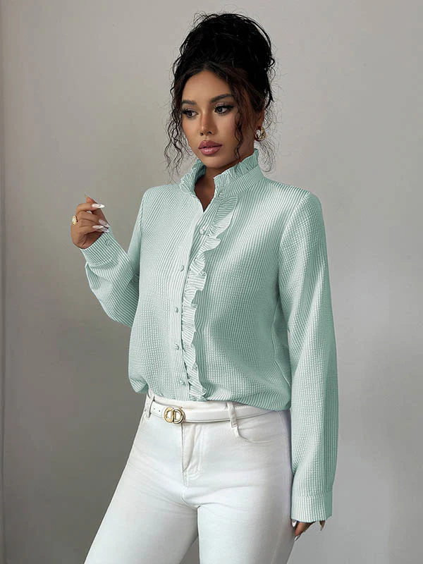 Long Sleeves Skinny Buttoned Ruffled Split-Joint Striped Stand Collar Blouses&Shirts Tops - Image 6