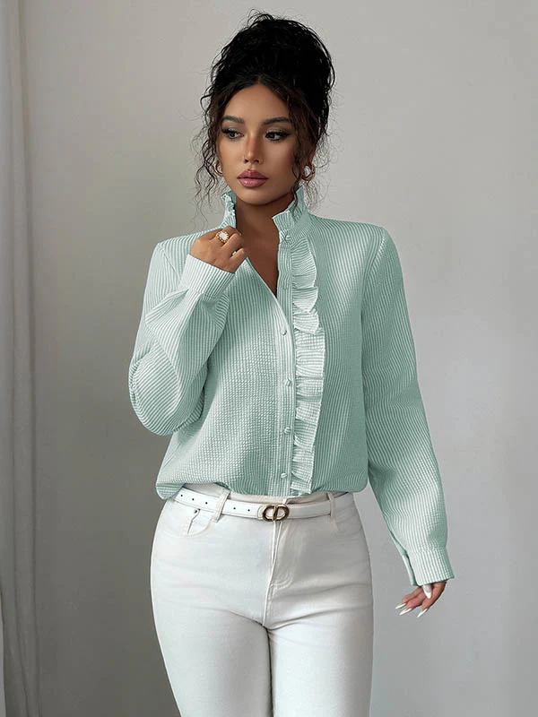 Long Sleeves Skinny Buttoned Ruffled Split-Joint Striped Stand Collar Blouses&Shirts Tops - Image 7