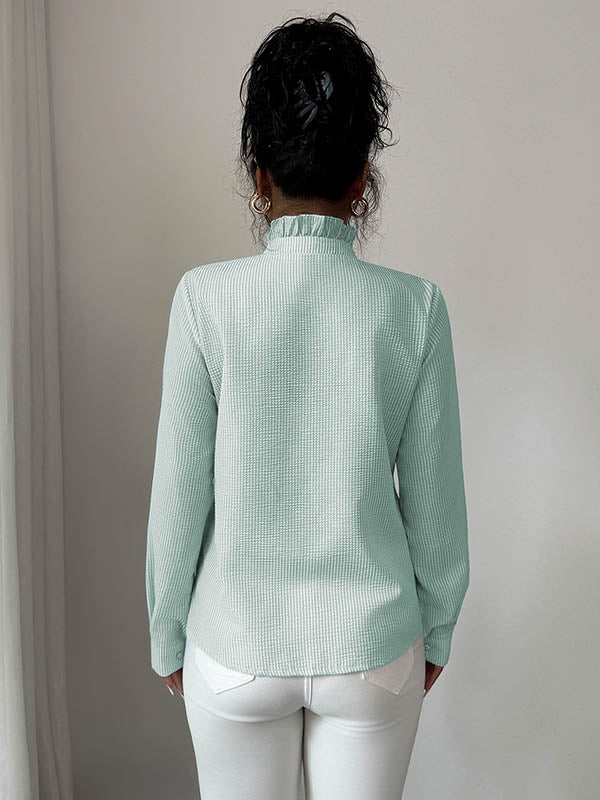 Long Sleeves Skinny Buttoned Ruffled Split-Joint Striped Stand Collar Blouses&Shirts Tops - Image 8
