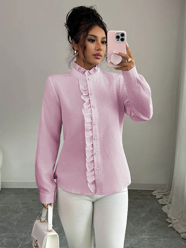 Long Sleeves Skinny Buttoned Ruffled Split-Joint Striped Stand Collar Blouses&Shirts Tops - Image 9