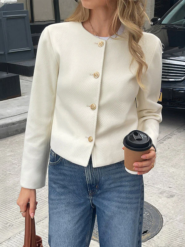 Long Sleeves Skinny Buttoned Single-Breasted Solid Color Striped Collarless Outerwear - Image 2