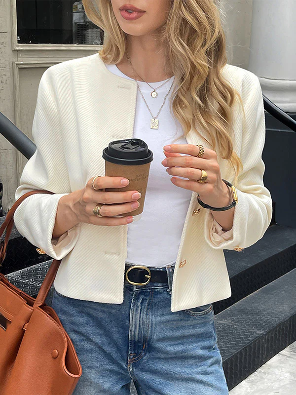Long Sleeves Skinny Buttoned Single-Breasted Solid Color Striped Collarless Outerwear - Image 3