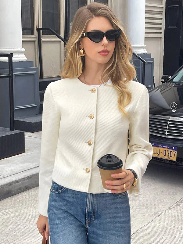 Long Sleeves Skinny Buttoned Single-Breasted Solid Color Striped Collarless Outerwear - Image 4