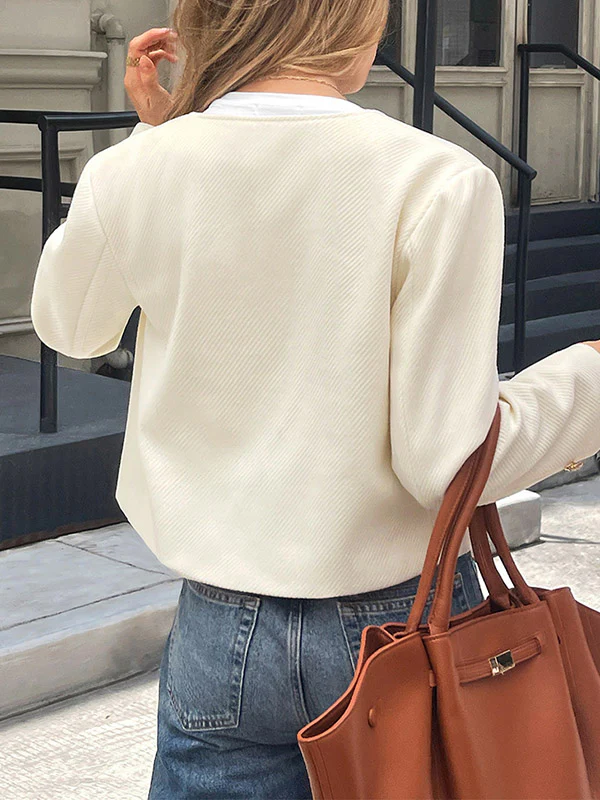 Long Sleeves Skinny Buttoned Single-Breasted Solid Color Striped Collarless Outerwear - Image 5