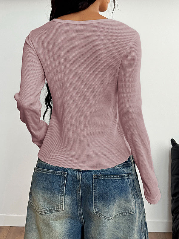 Long Sleeves Skinny Buttoned Solid Color Round-Neck Blouses&Shirts Tops - Image 10
