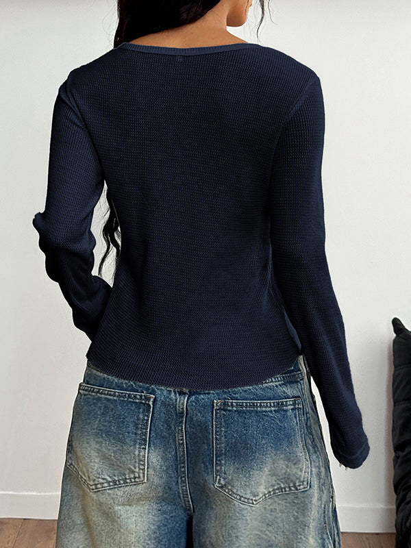 Long Sleeves Skinny Buttoned Solid Color Round-Neck Blouses&Shirts Tops - Image 5