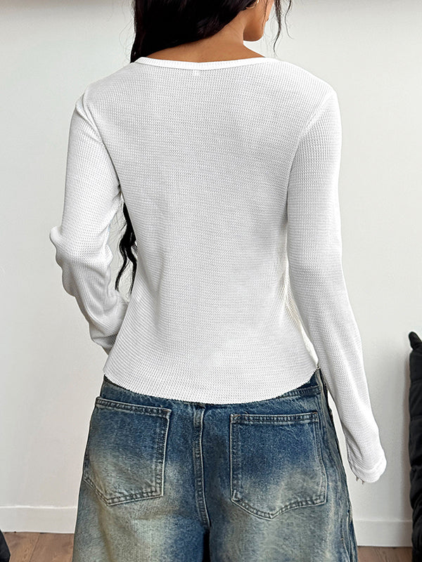 Long Sleeves Skinny Buttoned Solid Color Round-Neck Blouses&Shirts Tops - Image 7