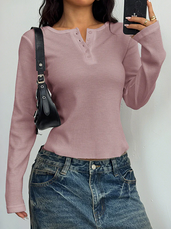 Long Sleeves Skinny Buttoned Solid Color Round-Neck Blouses&Shirts Tops - Image 8
