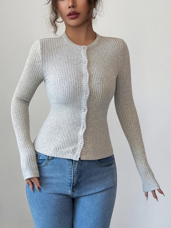Long Sleeves Skinny Buttoned Solid Color Round-Neck Cardigan Tops - Image 2