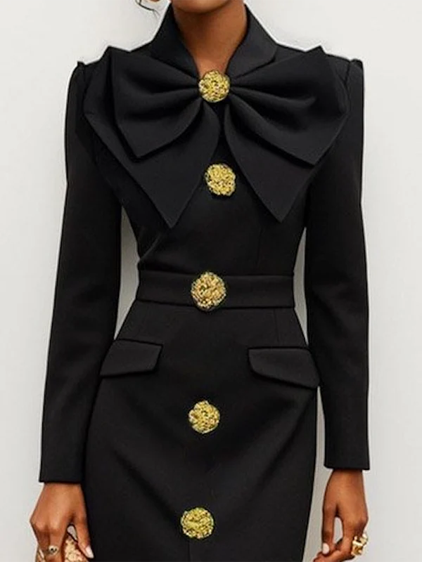 Long Sleeves Skinny Buttoned Solid Color Split-Front Stand Collar Midi Dresses Shirt Dress - Image 2