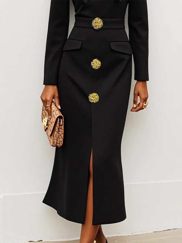 Long Sleeves Skinny Buttoned Solid Color Split-Front Stand Collar Midi Dresses Shirt Dress - Image 3