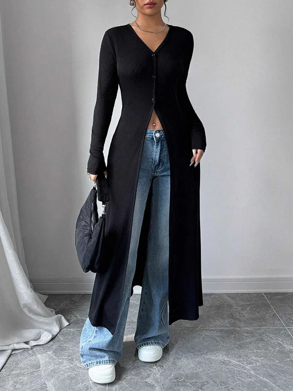 Long Sleeves Skinny Buttoned Solid Color Split-Front V-Neck T-Shirts
