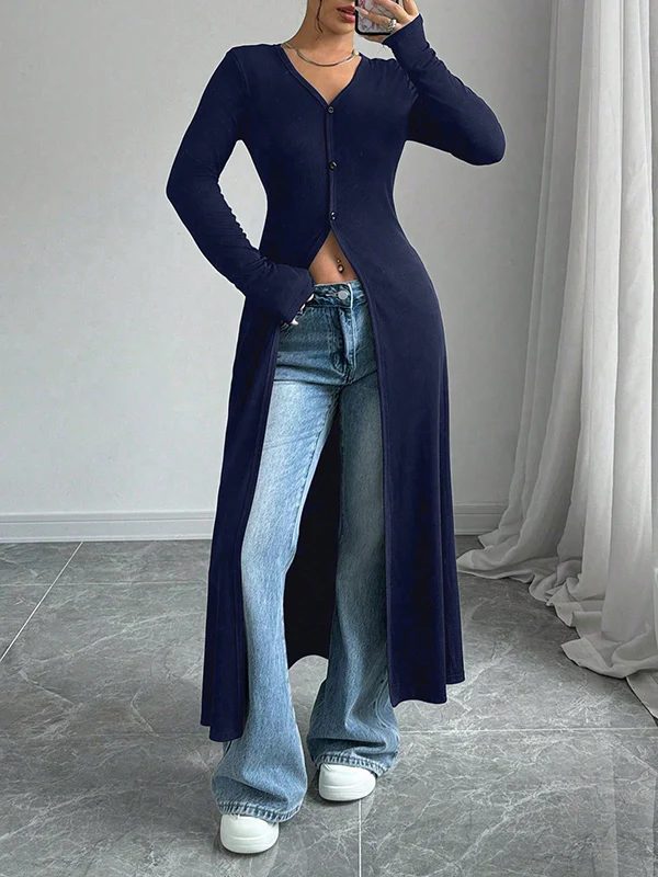 Long Sleeves Skinny Buttoned Solid Color Split-Front V-Neck T-Shirts - Image 3