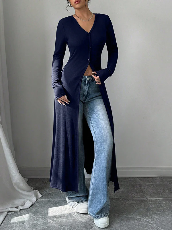 Long Sleeves Skinny Buttoned Solid Color Split-Front V-Neck T-Shirts - Image 4