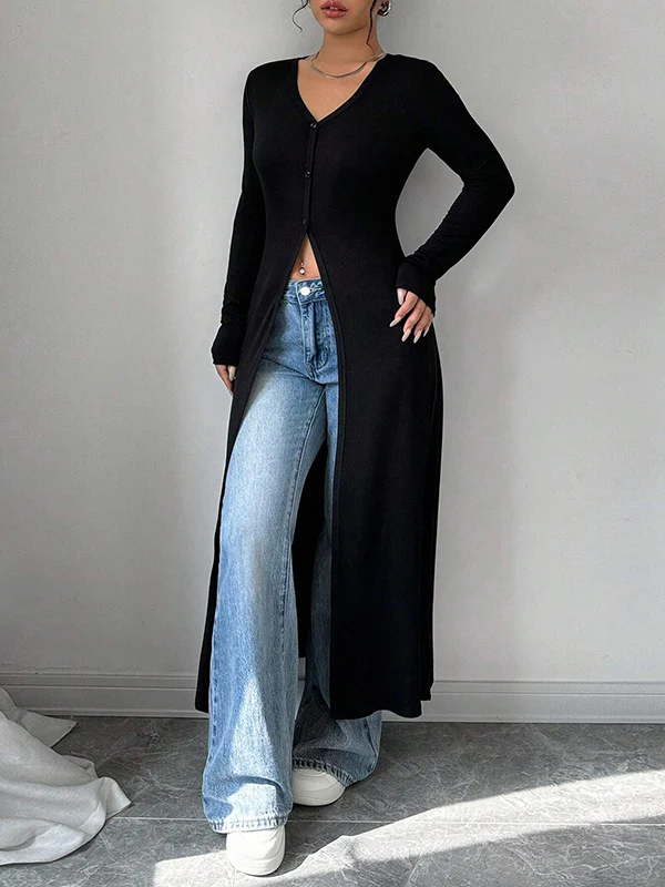 Long Sleeves Skinny Buttoned Solid Color Split-Front V-Neck T-Shirts - Image 6