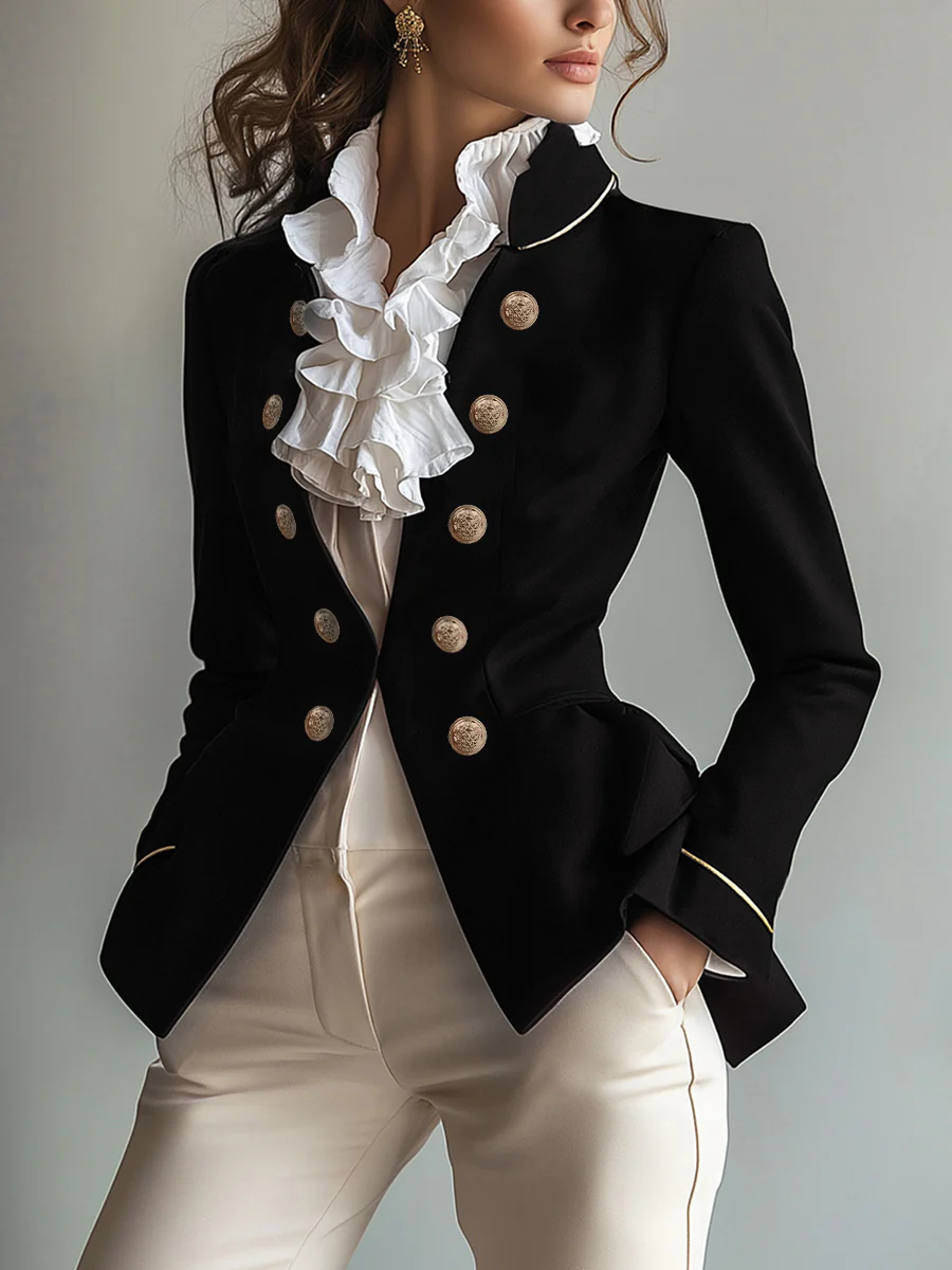 Long Sleeves Skinny Buttoned Solid Color Split-Joint Stand Collar Blazer Outerwear - Image 2
