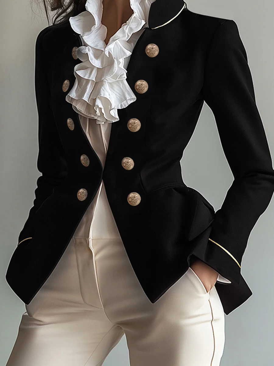 Long Sleeves Skinny Buttoned Solid Color Split-Joint Stand Collar Blazer Outerwear - Image 3