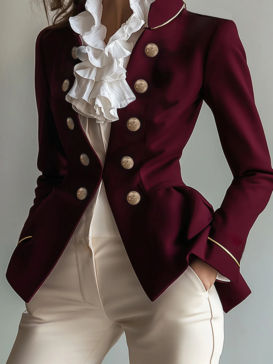 Long Sleeves Skinny Buttoned Solid Color Split-Joint Stand Collar Blazer Outerwear - Image 4