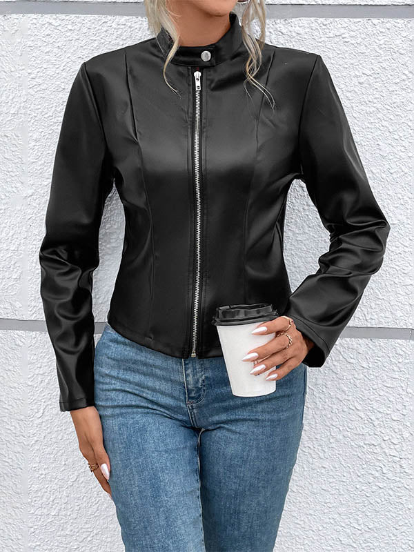 Long Sleeves Skinny Buttoned Solid Color Split-Joint Zipper Stand Collar Jackets Outerwear - Image 3