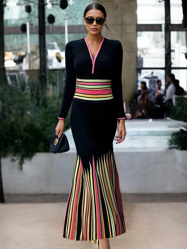 Long Sleeves Skinny Colorful Contrast Color Striped V-Neck Maxi Dresses - Image 2