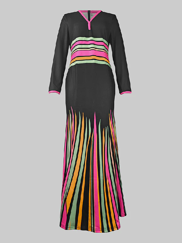 Long Sleeves Skinny Colorful Contrast Color Striped V-Neck Maxi Dresses - Image 3