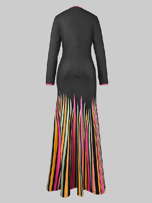 Long Sleeves Skinny Colorful Contrast Color Striped V-Neck Maxi Dresses - Image 4
