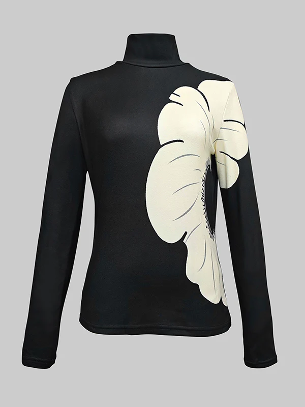 Long Sleeves Skinny Contrast Color Floral Printed Split-Joint High Neck T-shirts - Image 3