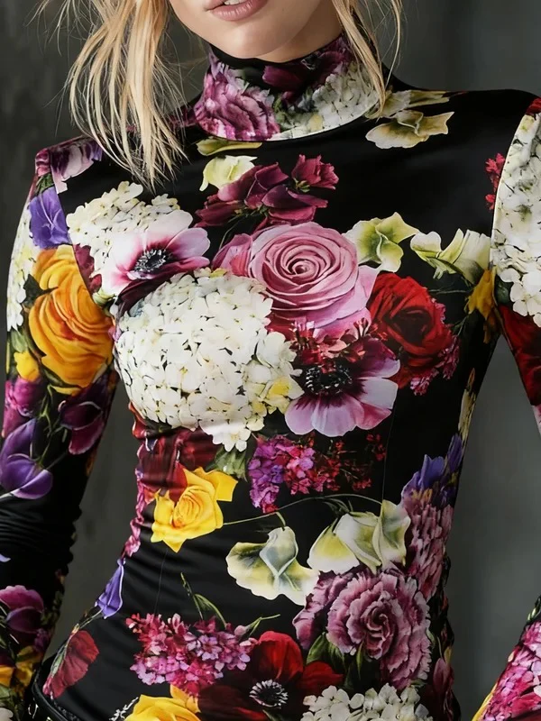 Long Sleeves Skinny Contrast Color Flower Print High Neck T-Shirts Tops - Image 2