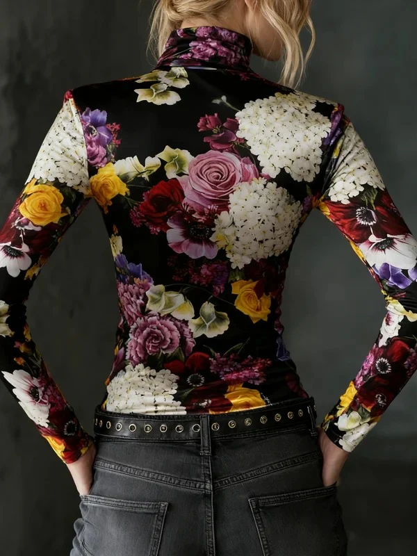 Long Sleeves Skinny Contrast Color Flower Print High Neck T-Shirts Tops - Image 3